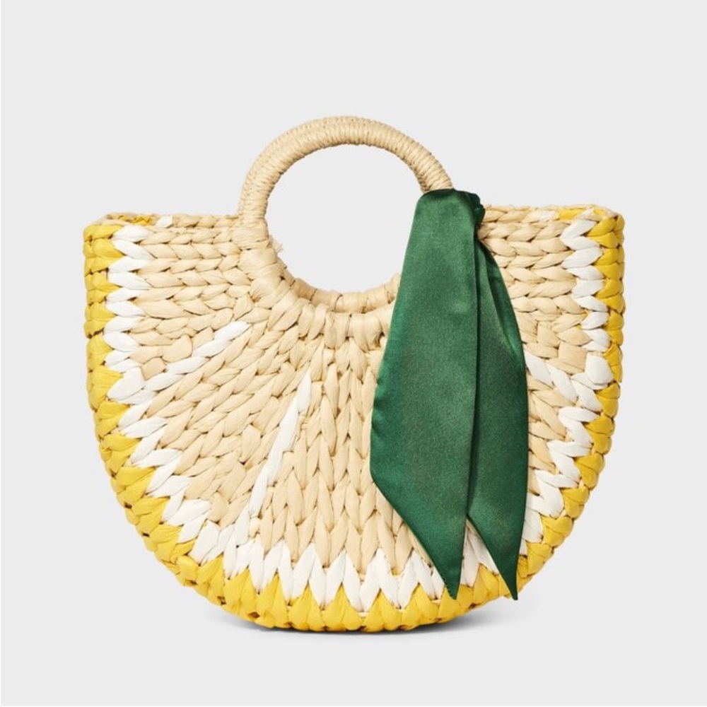 Straw Lemon Mini Handbag Tote - Double Handle, Woven Structured Bag